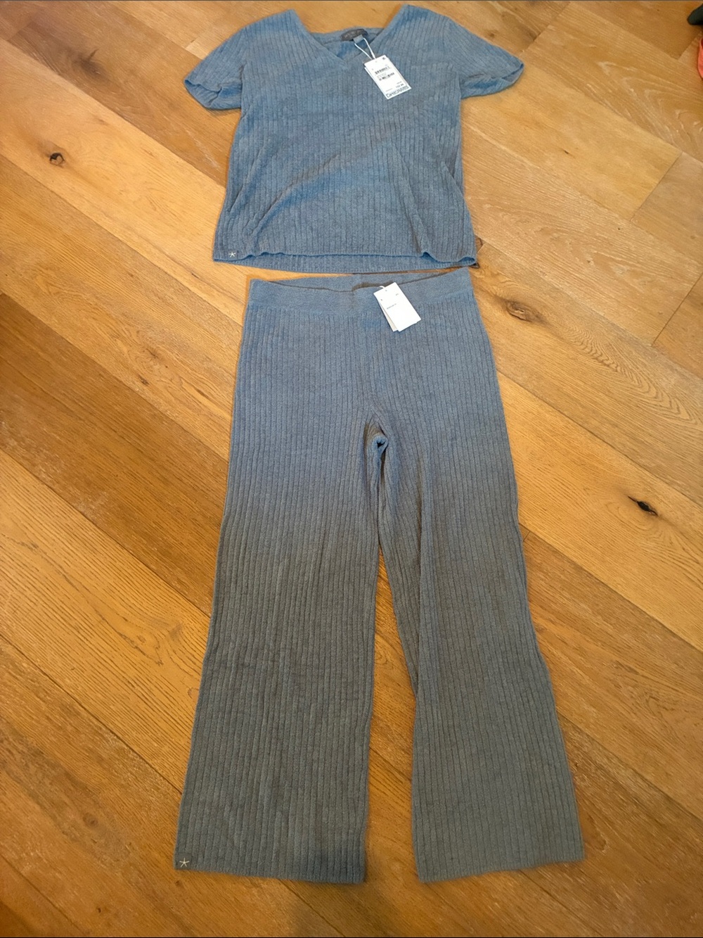 Barefoot Dreams Gray Ribbed Knit Top and Wide-Leg Pants Set